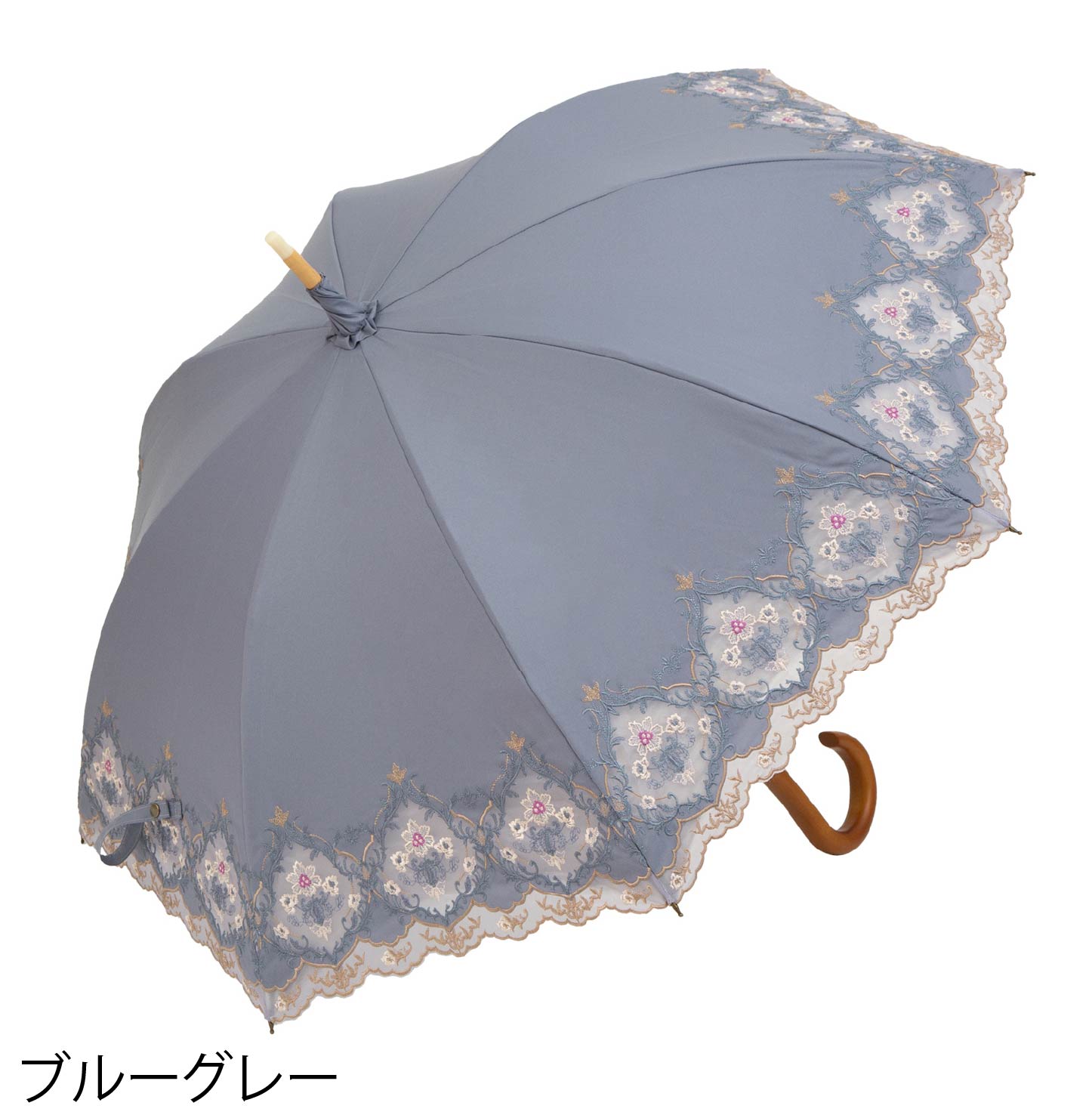 ダマスクオーガンジーカットワーク刺繍かわず張り晴雨兼用長日傘