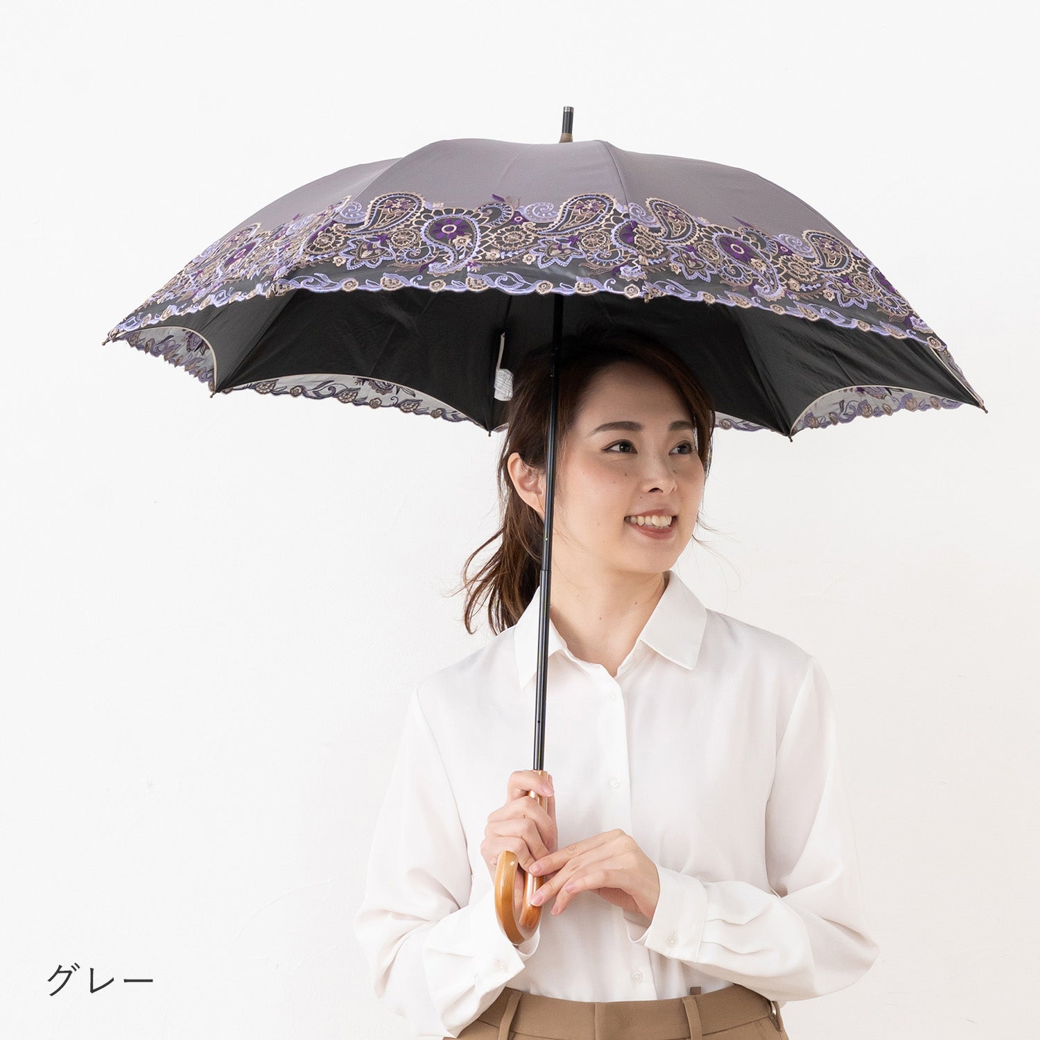 更紗ペイズリーオーガンジー カットワーク刺繍かわず張り 晴雨兼用ショート長日傘