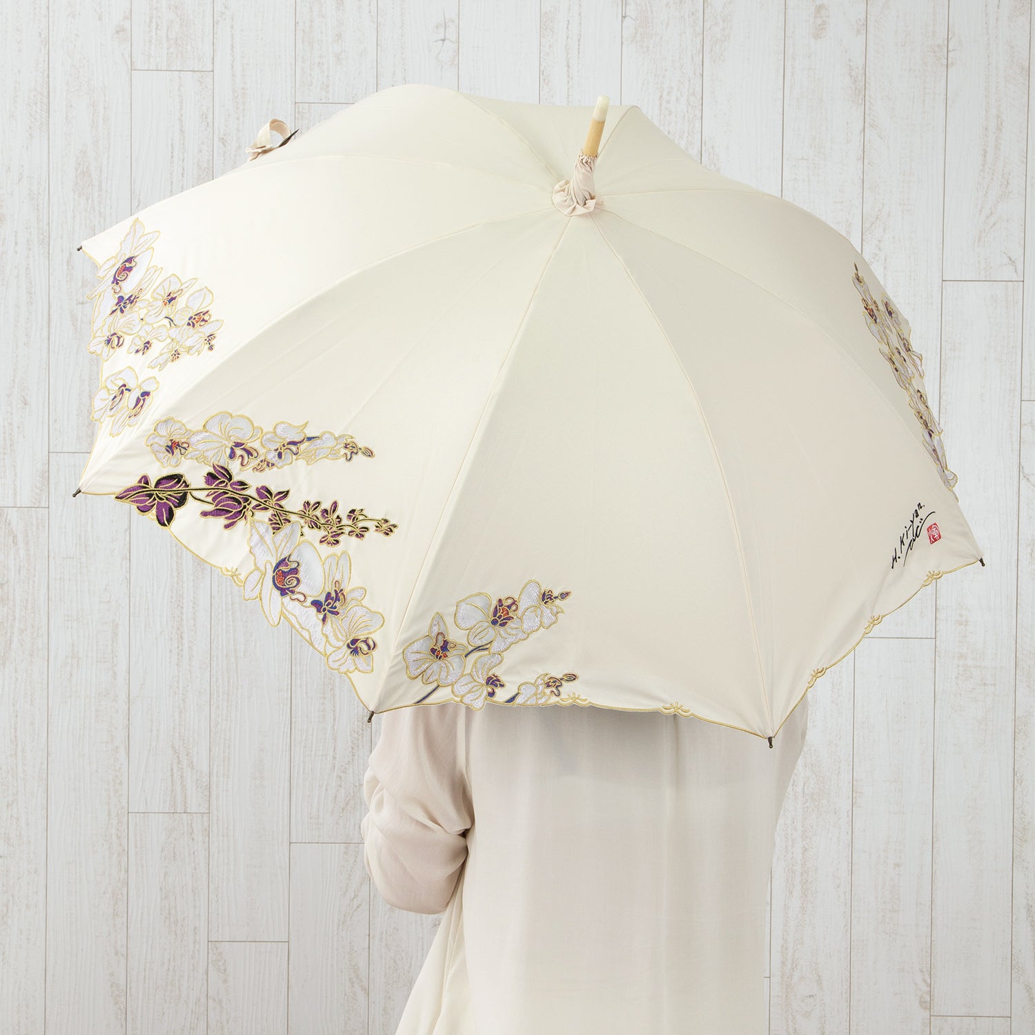 キーヤン 胡蝶蘭オーガンジーカットワーク刺繍 かわず張り 晴雨兼用長日傘
