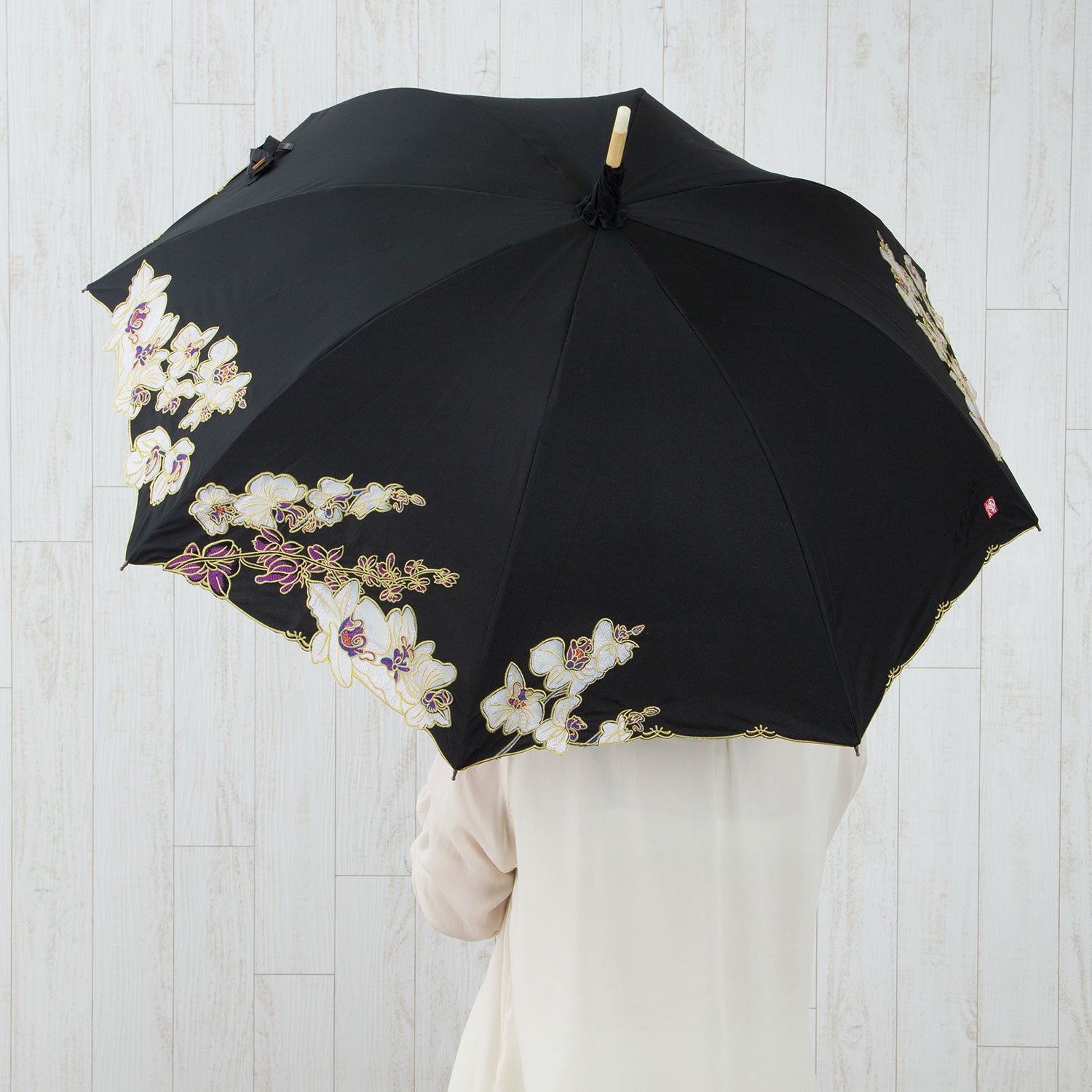キーヤン 胡蝶蘭オーガンジーカットワーク刺繍 かわず張り 晴雨兼用長日傘