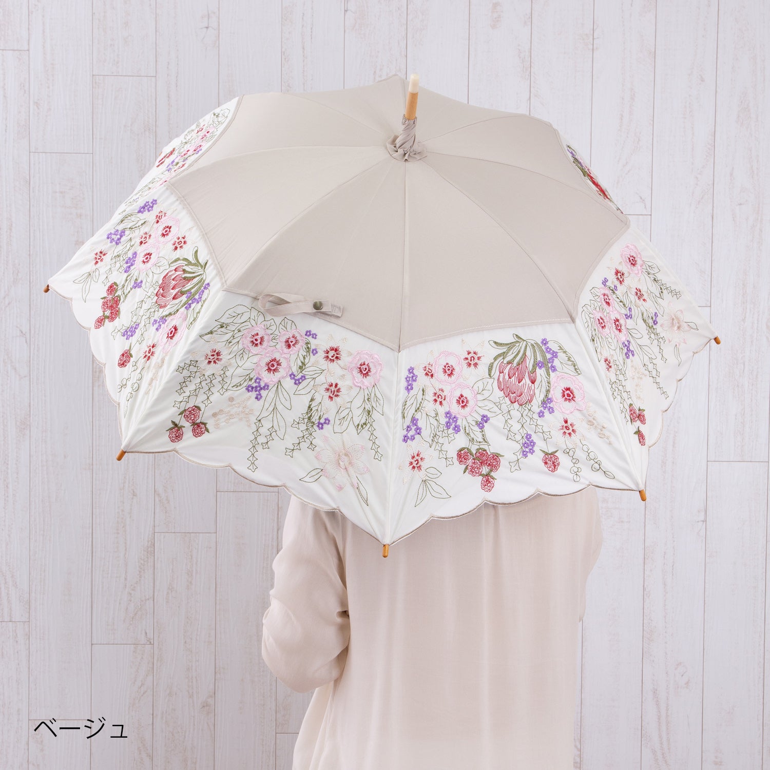 花束みたいな刺繍 かわず張り晴雨兼用長日傘
