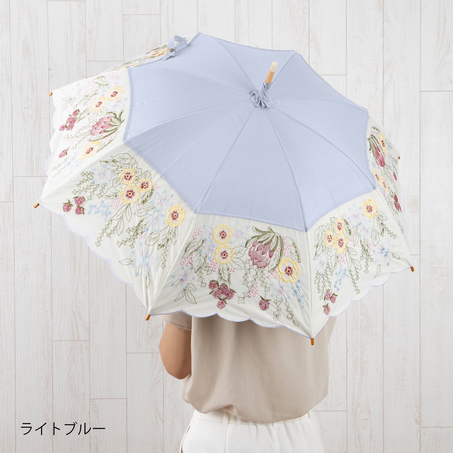 花束みたいな刺繍 かわず張り晴雨兼用長日傘