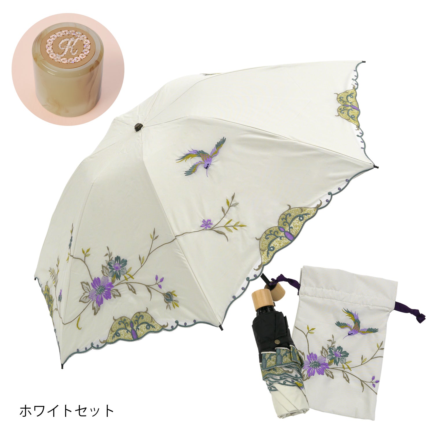 花鳥刺繍晴雨兼用 ミニ折りたたみ日傘＆イニシャル手元セット