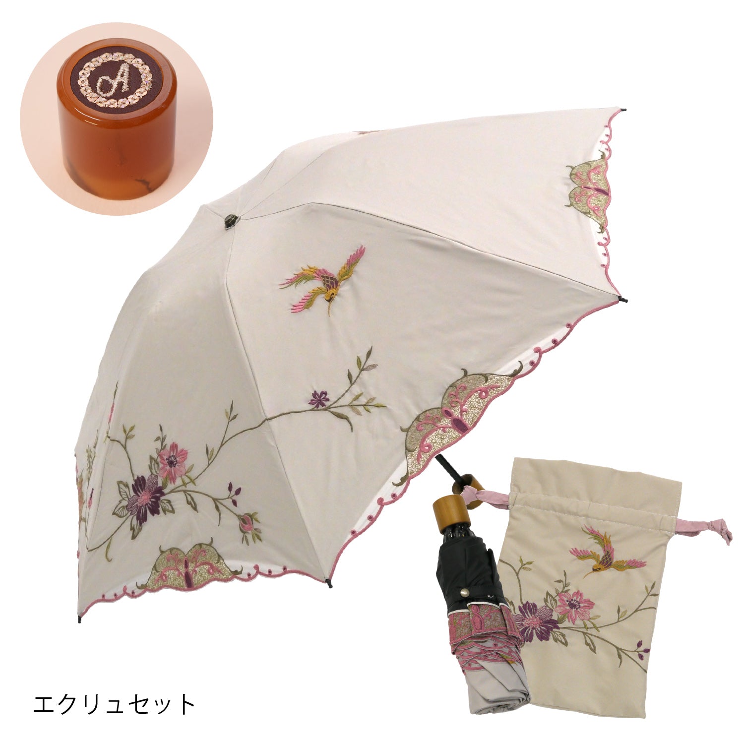 花鳥刺繍晴雨兼用 ミニ折りたたみ日傘＆イニシャル手元セット
