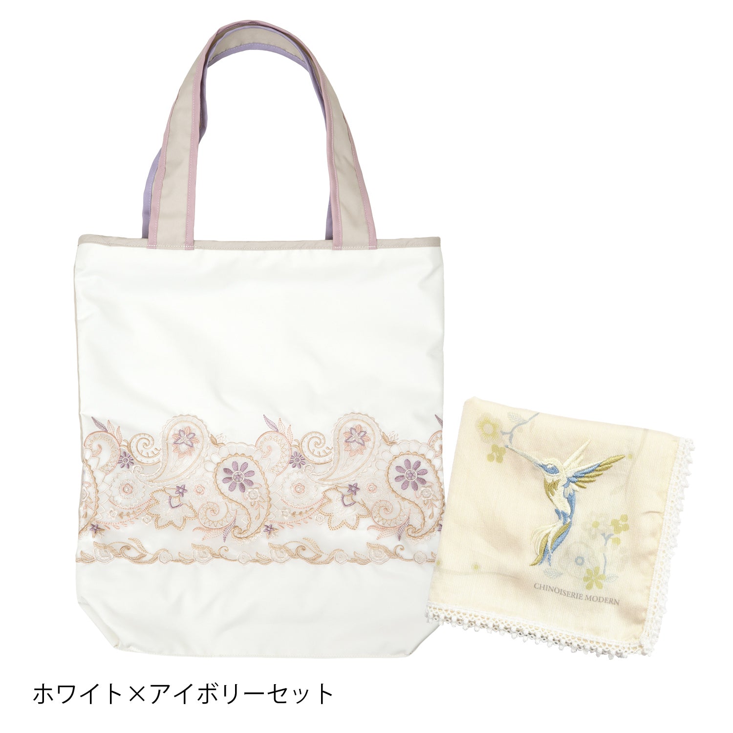 ペイズリー更紗 オーガンジーカットワーク刺繍 防水・撥水トートバッグ ＆花鳥刺繍 綿ローンハンカチセット