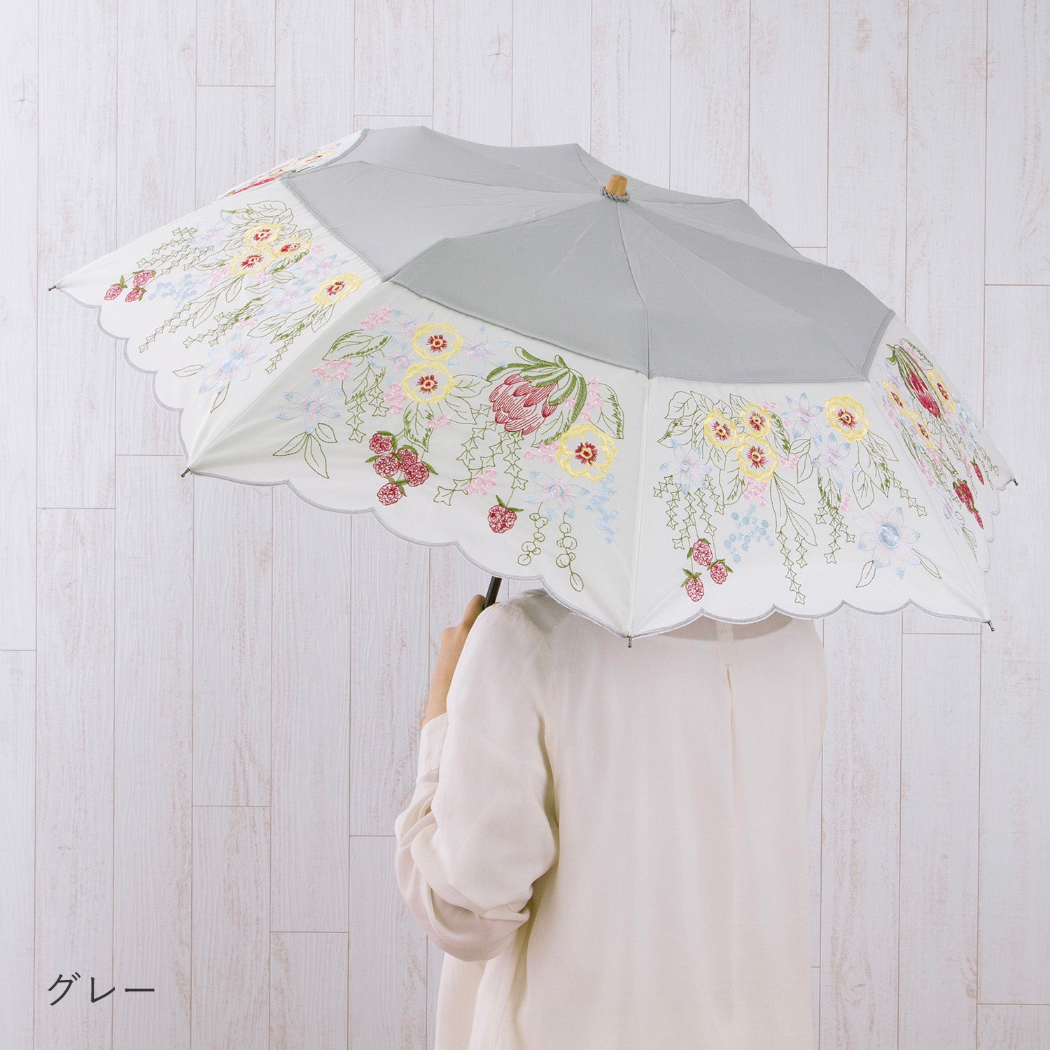 花束みたいな刺繍 かわず張り晴雨兼用ショート折日傘