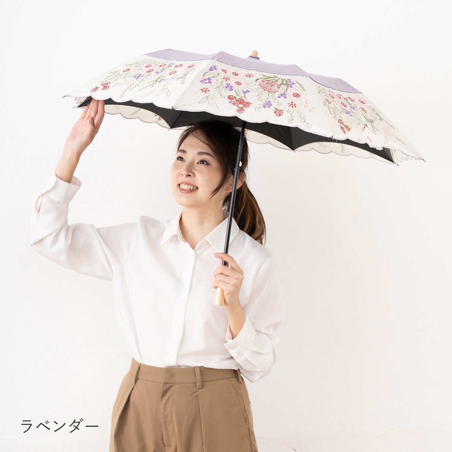花束みたいな刺繍 かわず張り晴雨兼用ショート折日傘