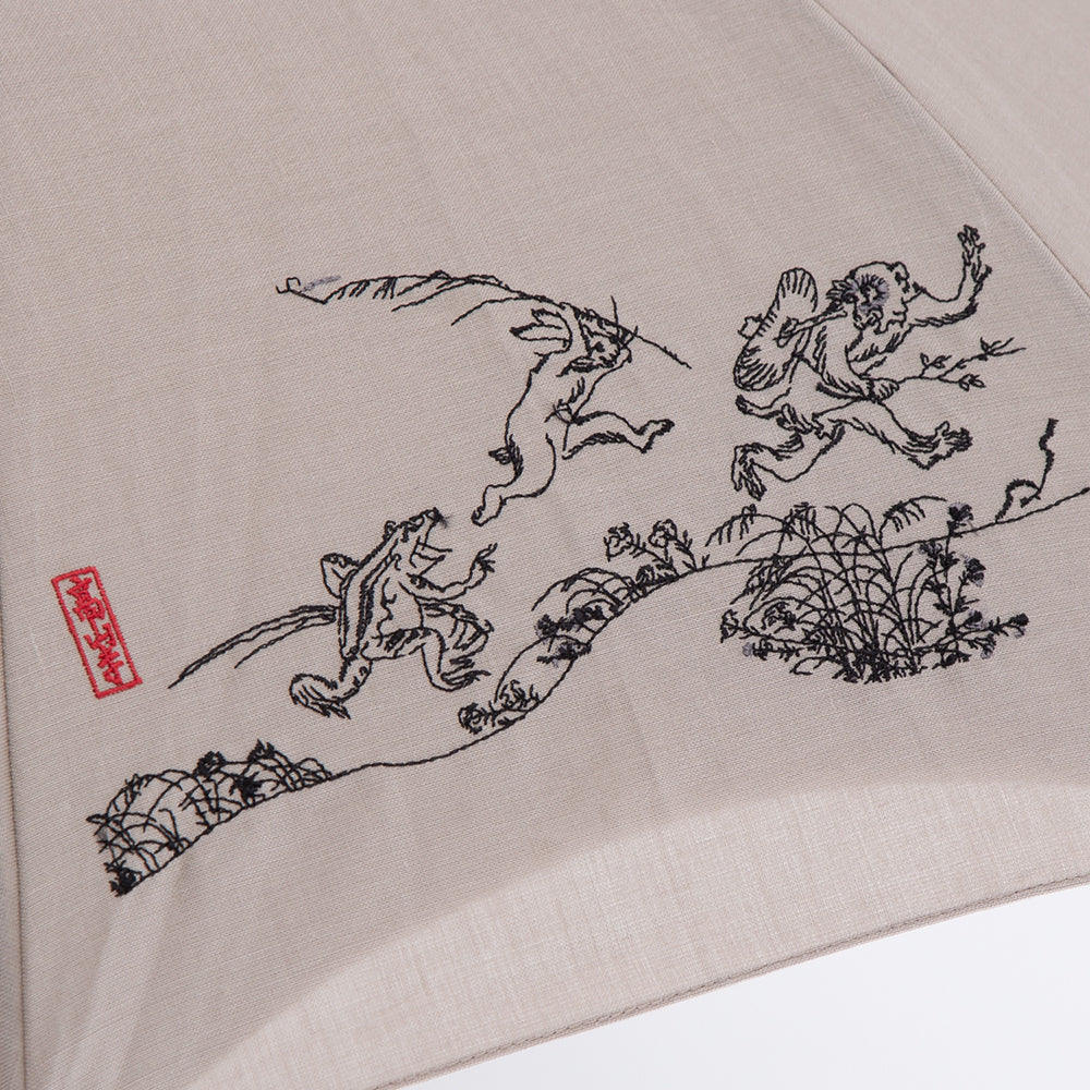 鳥獣戯画 刺繍 かわず張り晴雨兼用ショート長日傘 （日本製）
