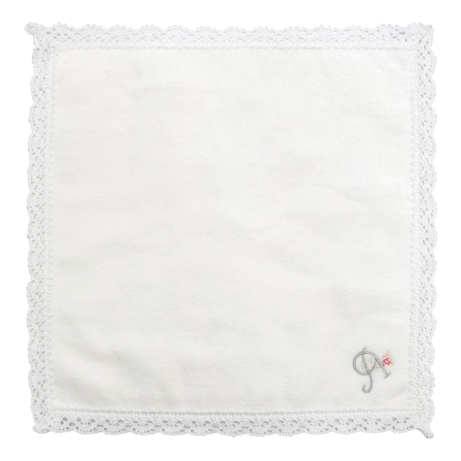 イニシャル刺繍 コットン100％レースタオルハンカチ