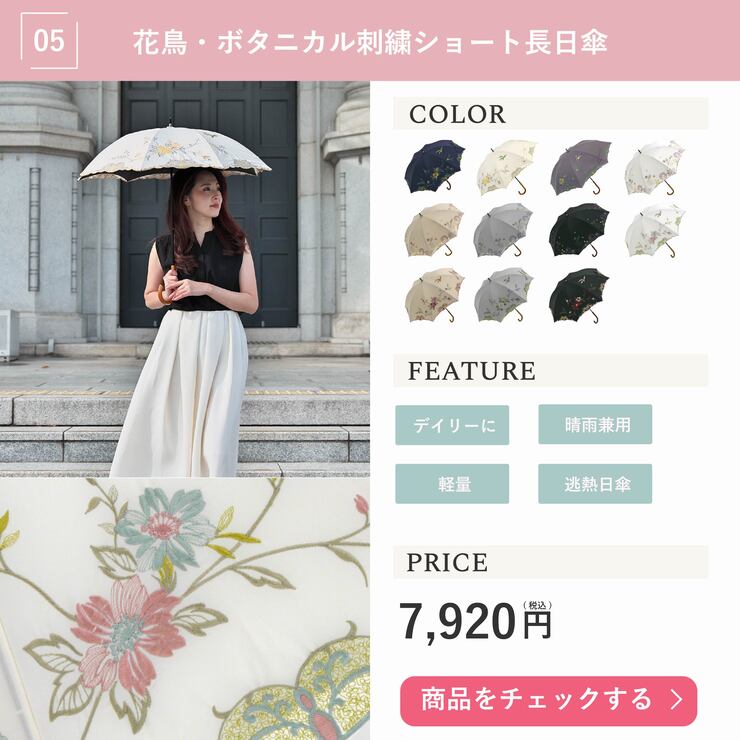 花鳥・ボタニカル刺繍ショート長日傘