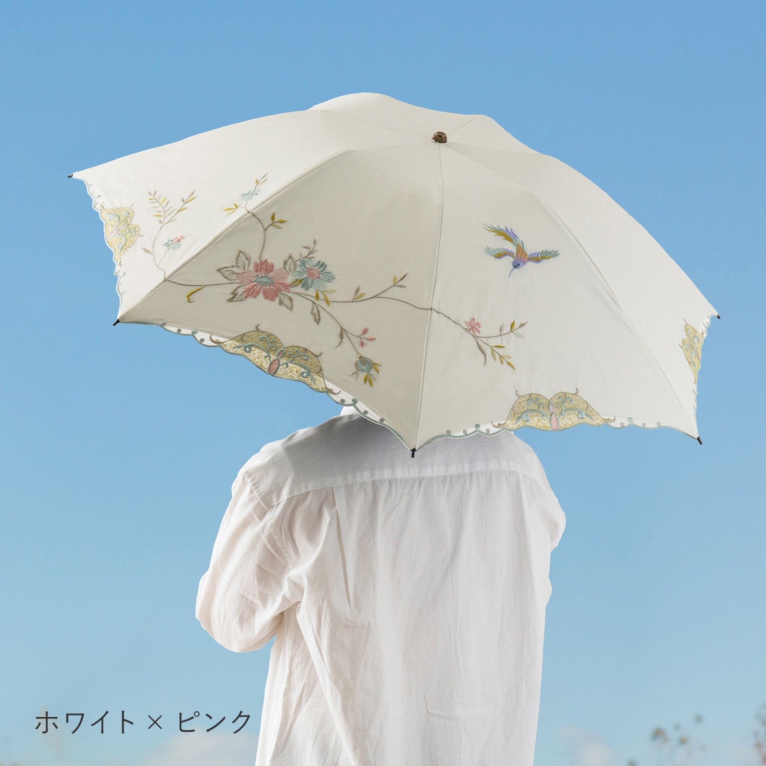 花鳥刺繍晴雨兼用 ミニ折りたたみ日傘＆イニシャル手元セット