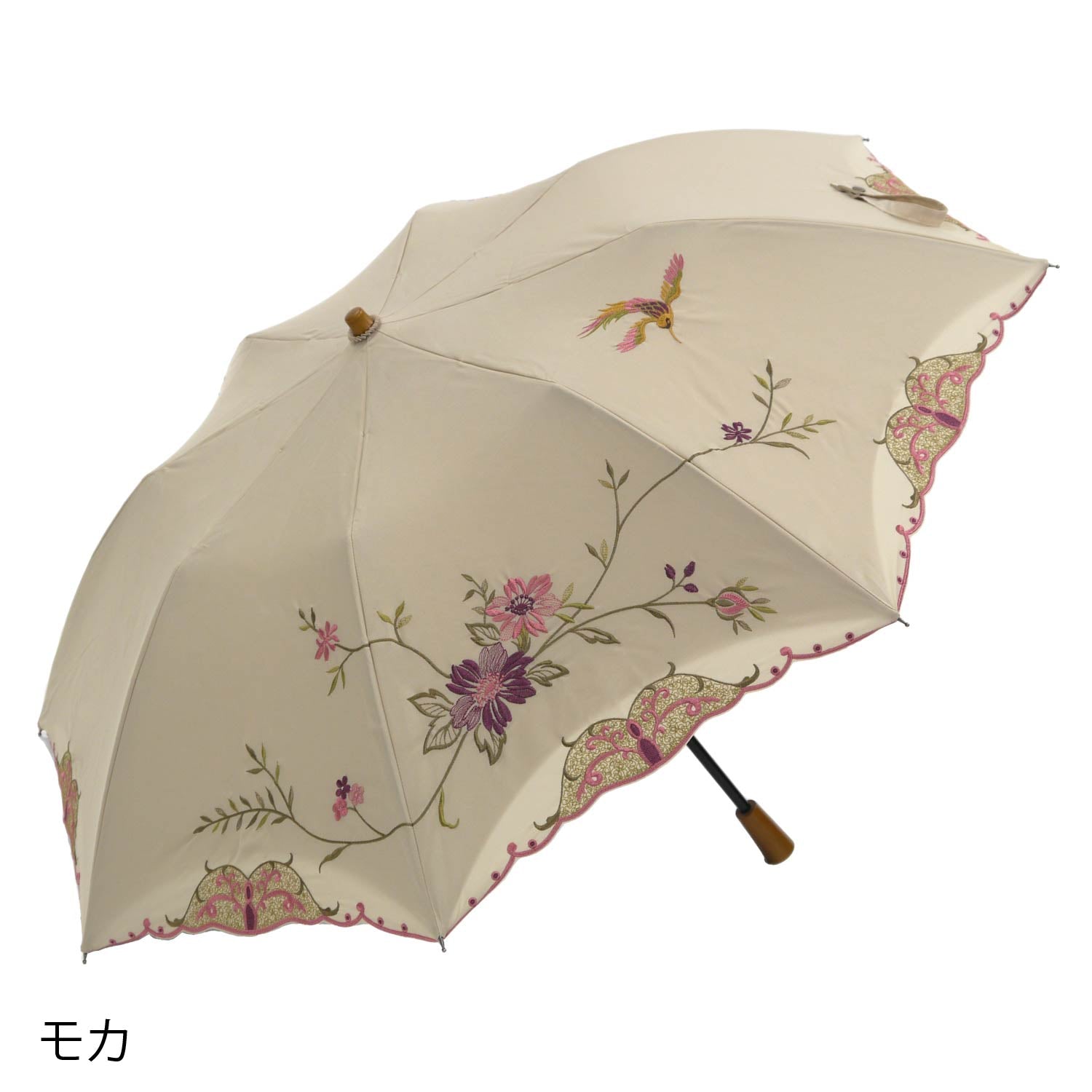 花鳥刺繍かわず張り晴雨兼用ショート折りたたみ日傘