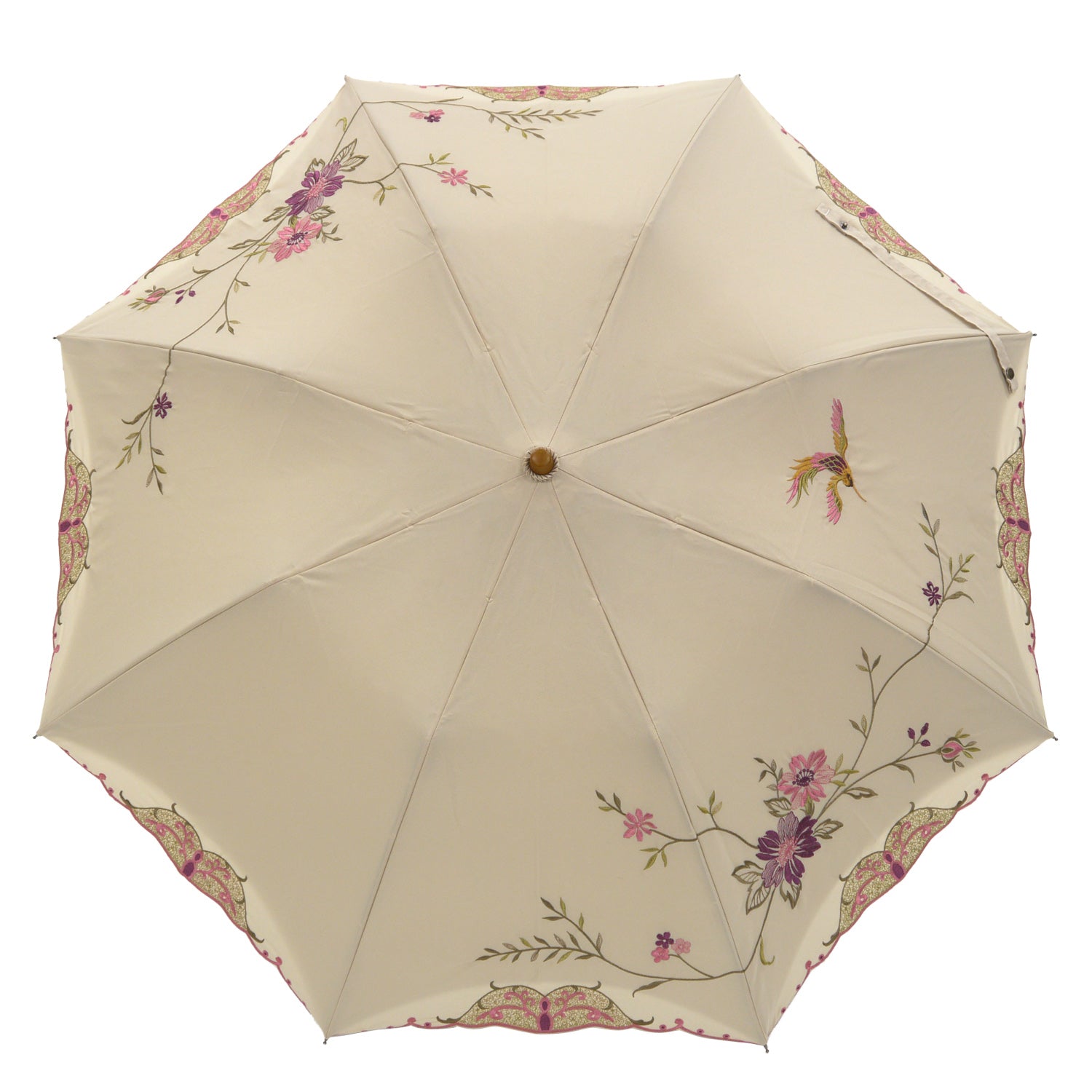 花鳥刺繍かわず張り晴雨兼用ショート折りたたみ日傘