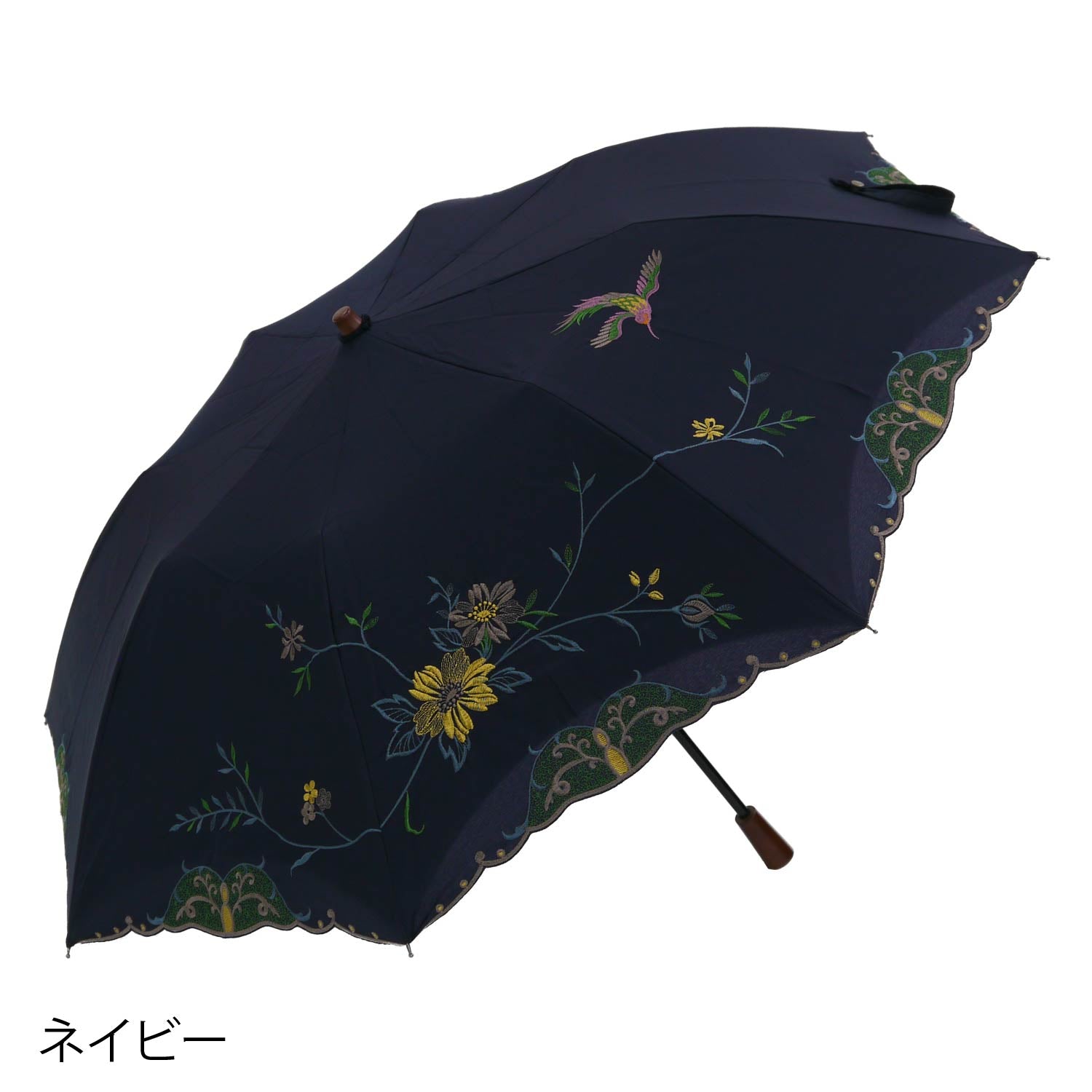 花鳥刺繍かわず張り晴雨兼用ショート折りたたみ日傘