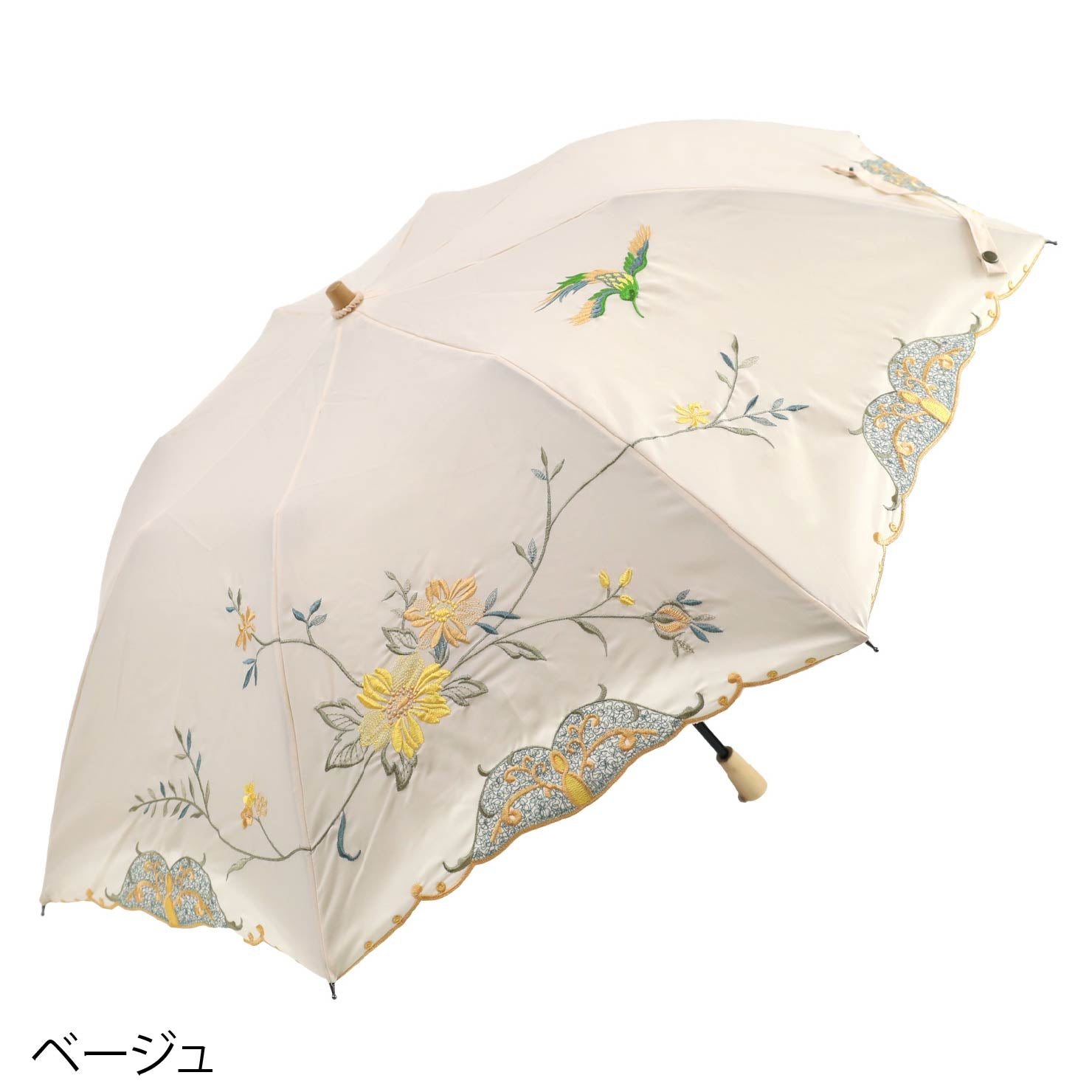 花鳥刺繍かわず張り晴雨兼用ショート折りたたみ日傘