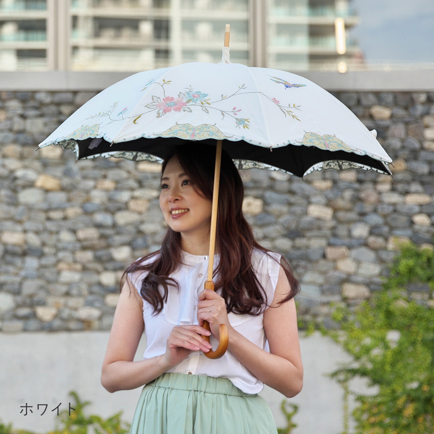 花鳥刺繍かわず張り 晴雨兼用長日傘
