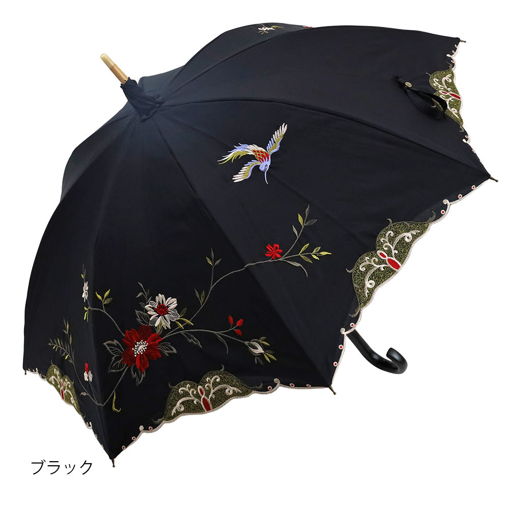 花鳥刺繍かわず張り 晴雨兼用長日傘
