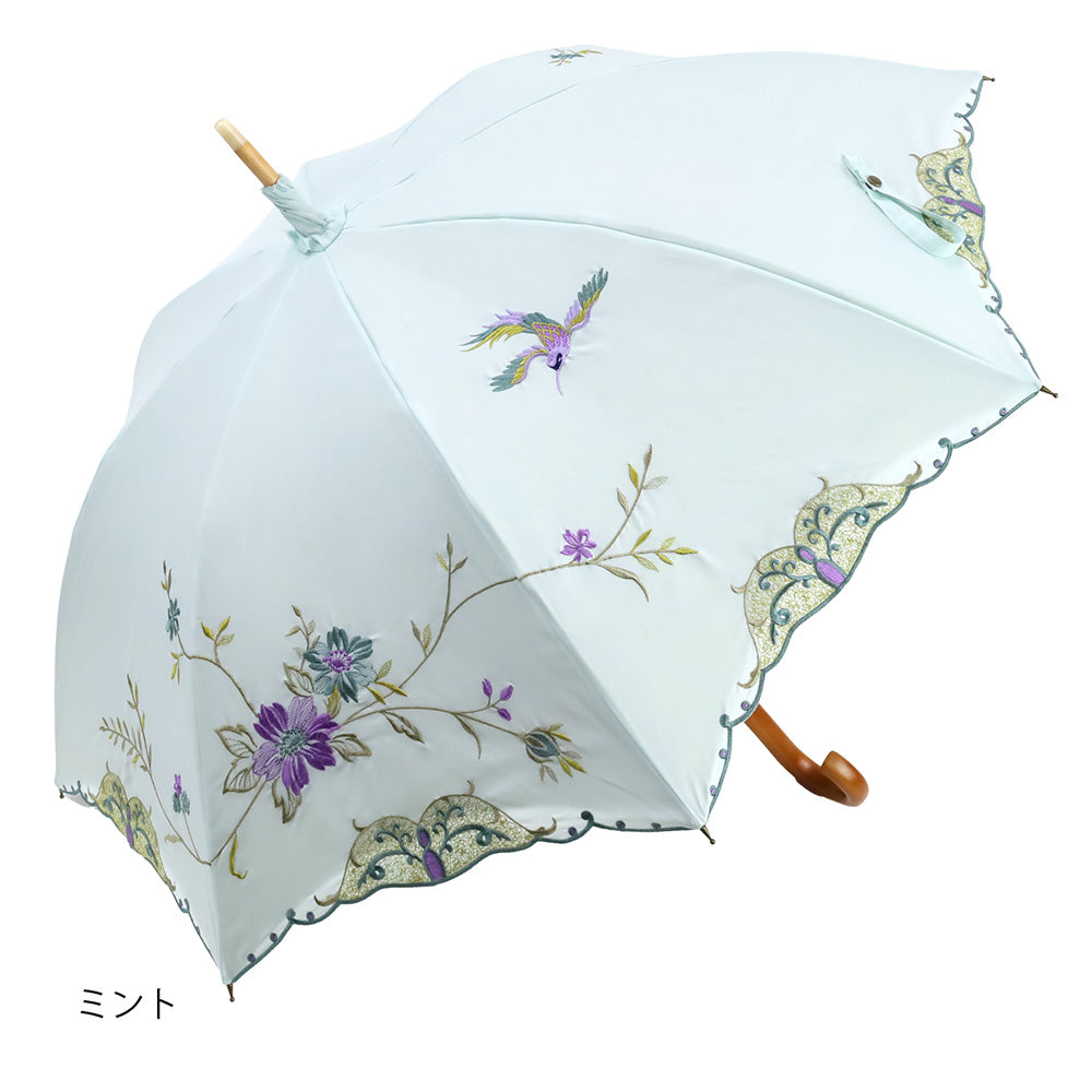 花鳥刺繍かわず張り 晴雨兼用長日傘