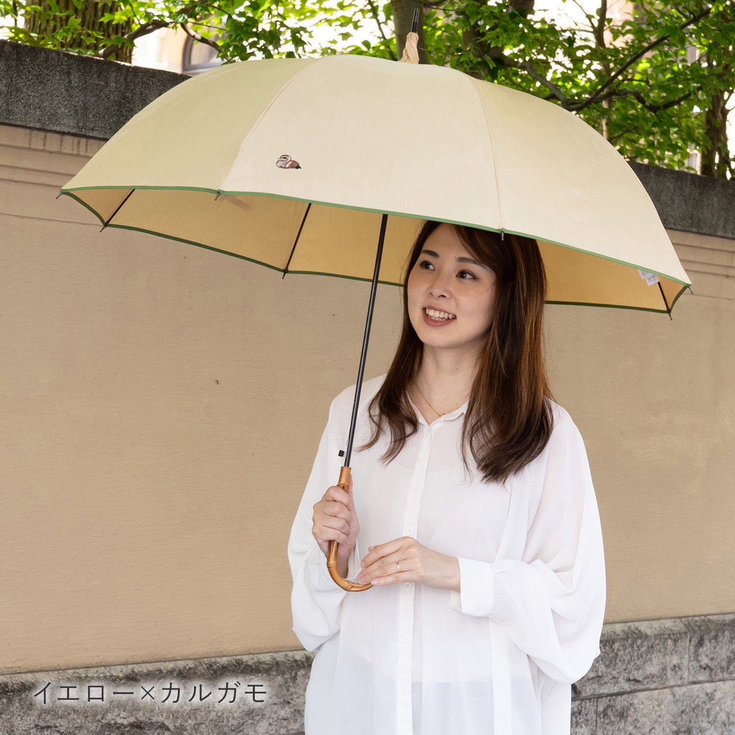 シャンタン＆寒竹手元 パイピング  小鳥刺繍雨傘