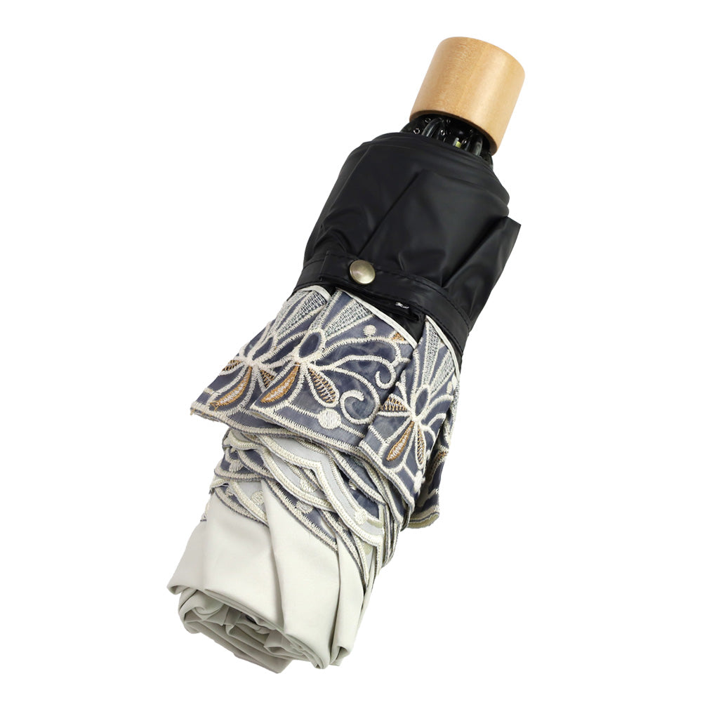 花鳥オーガンジーカットワーク刺繍晴雨兼用 ミニ折りたたみ日傘