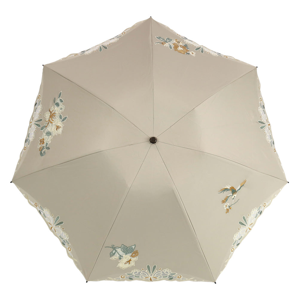 花鳥オーガンジーカットワーク刺繍晴雨兼用 ミニ折りたたみ日傘