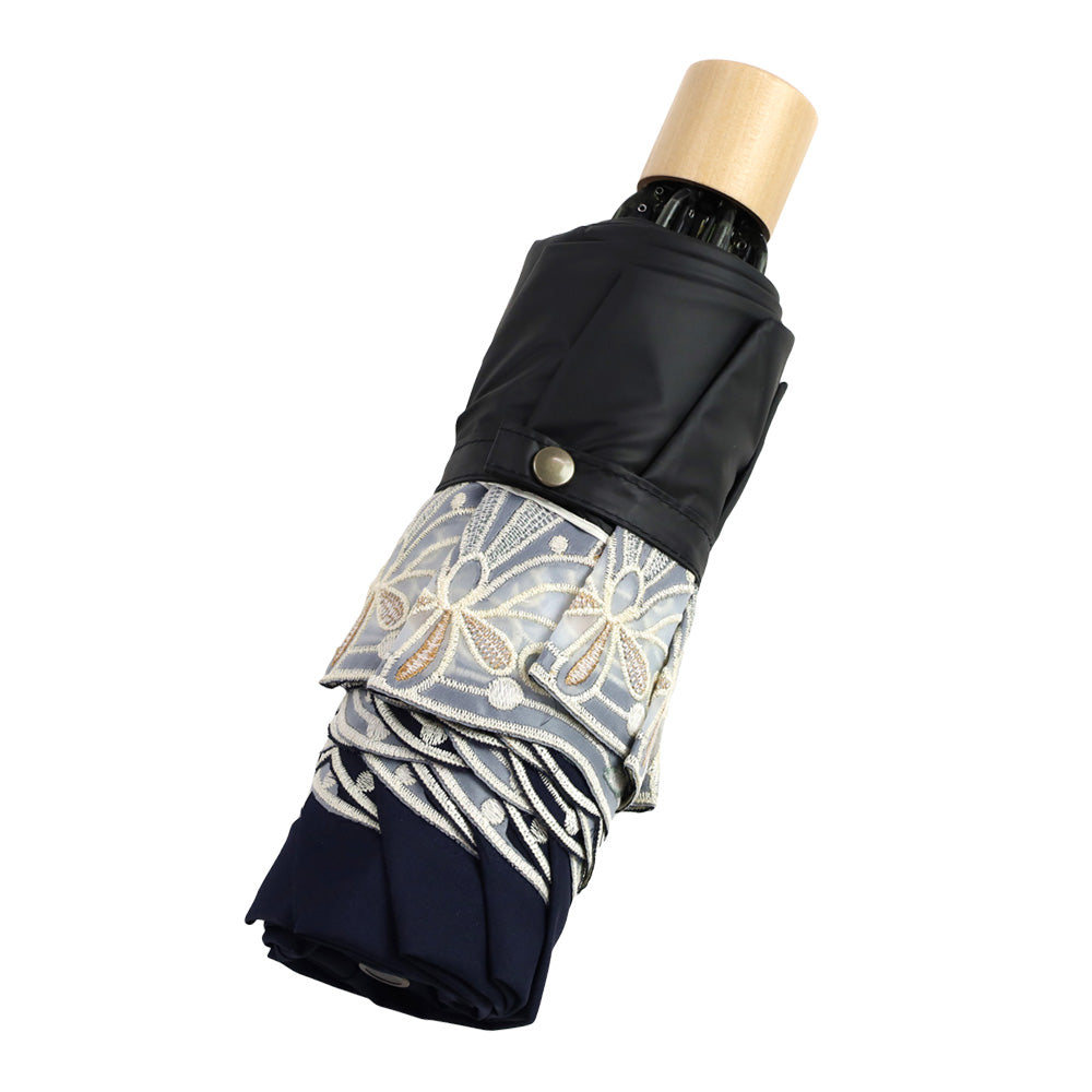 花鳥オーガンジーカットワーク刺繍晴雨兼用 ミニ折りたたみ日傘