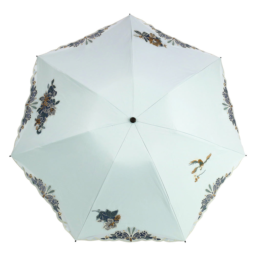 花鳥オーガンジーカットワーク刺繍晴雨兼用 ミニ折りたたみ日傘