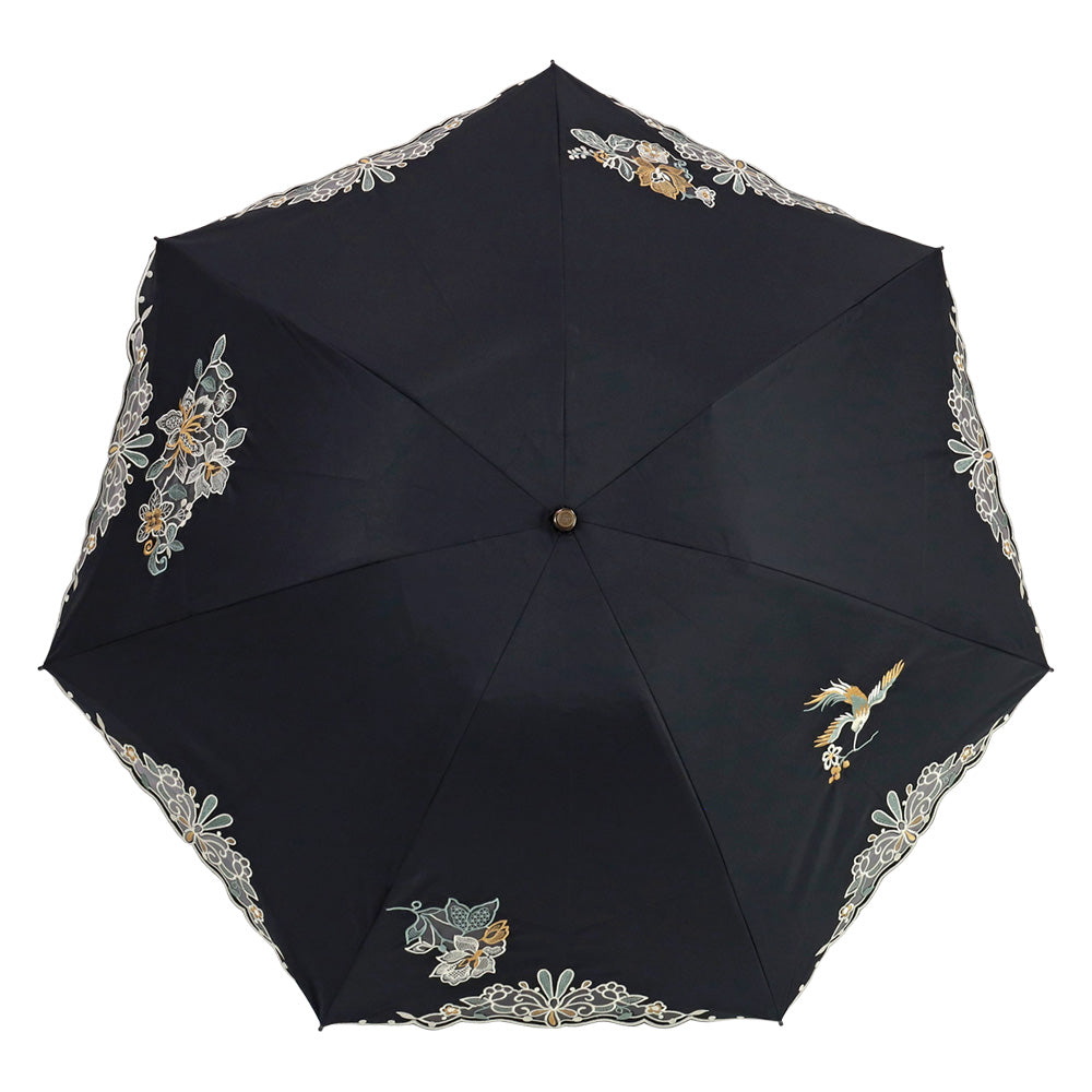花鳥オーガンジーカットワーク刺繍晴雨兼用 ミニ折りたたみ日傘