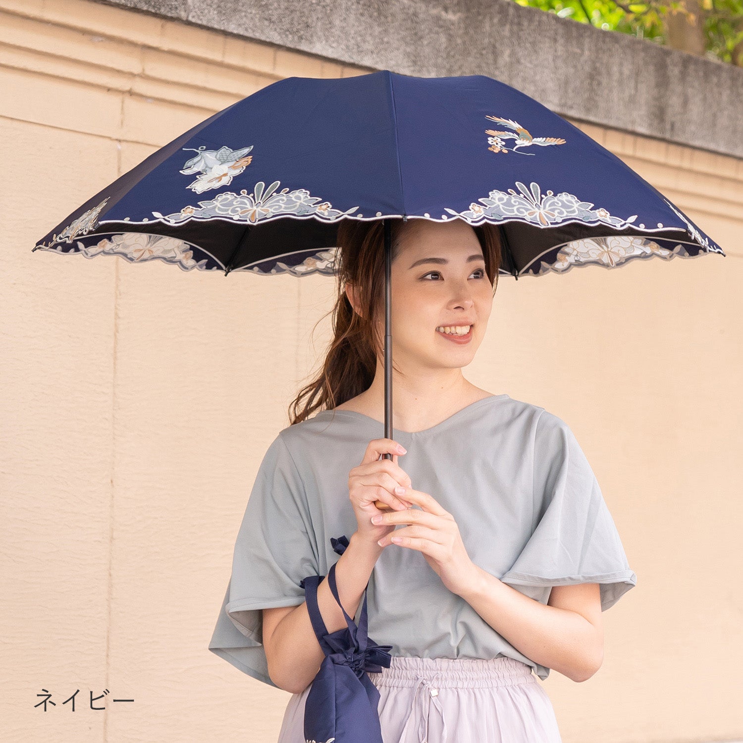 花鳥オーガンジーカットワーク刺繍晴雨兼用 ミニ折りたたみ日傘