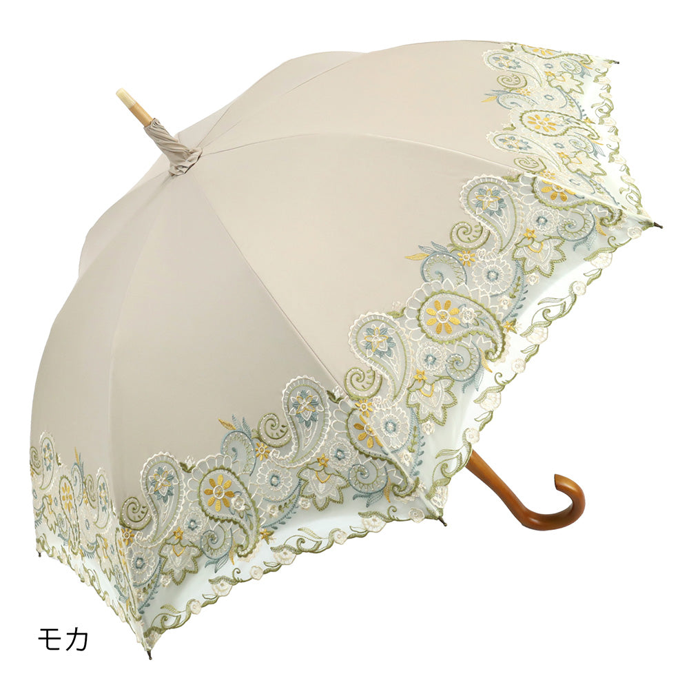 更紗ペーズリーオーガンジー カットワーク刺繍かわず張り 晴雨兼用長日傘