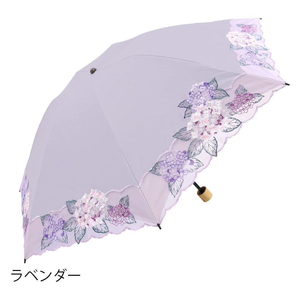 高級傘　紫陽花刺繍ミニ折りたたみ日傘　紫陽花　雨晴兼用　UVカット率100％ 紫陽花オーガンジーカットワーク刺繍晴雨兼用 ミニ折りたたみ日傘