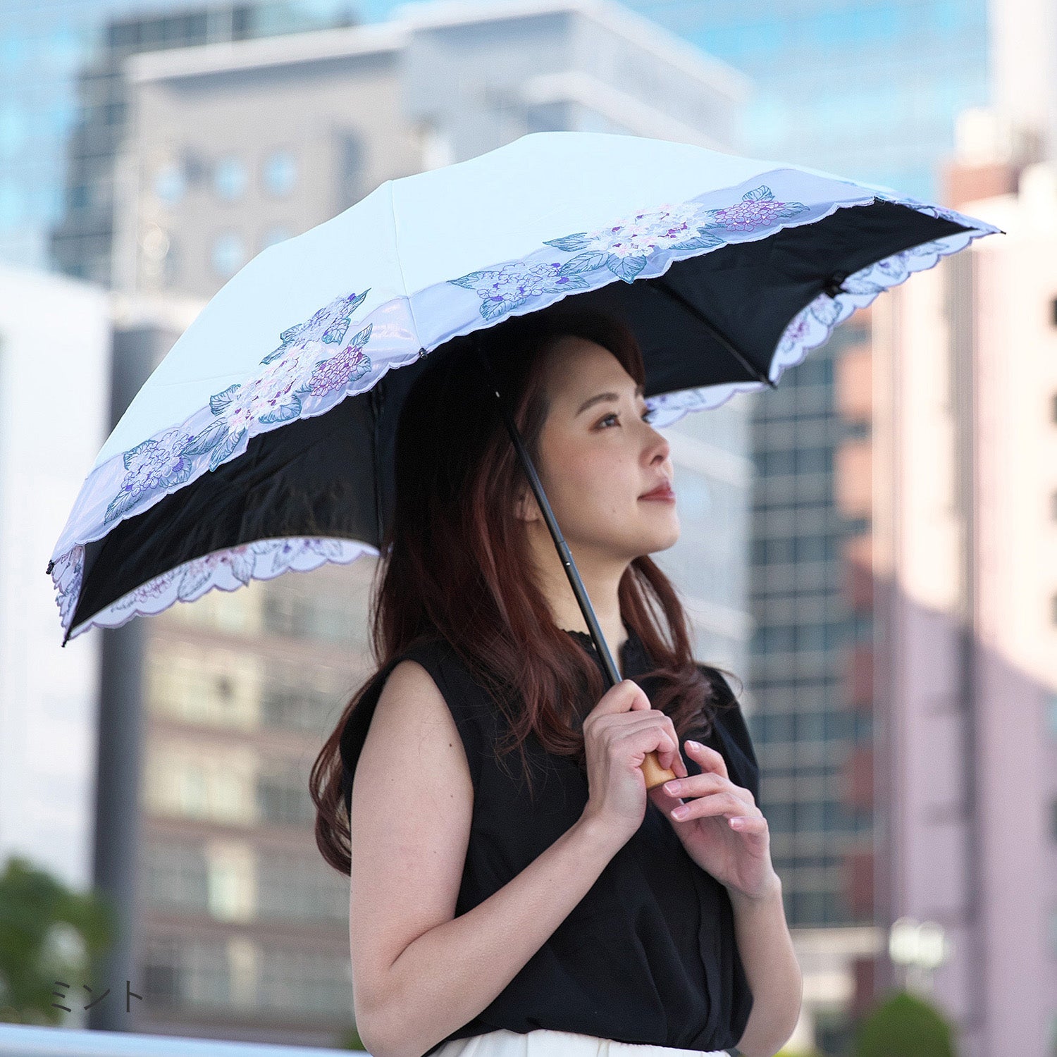 紫陽花オーガンジーカットワーク刺繍晴雨兼用 ミニ折りたたみ日傘