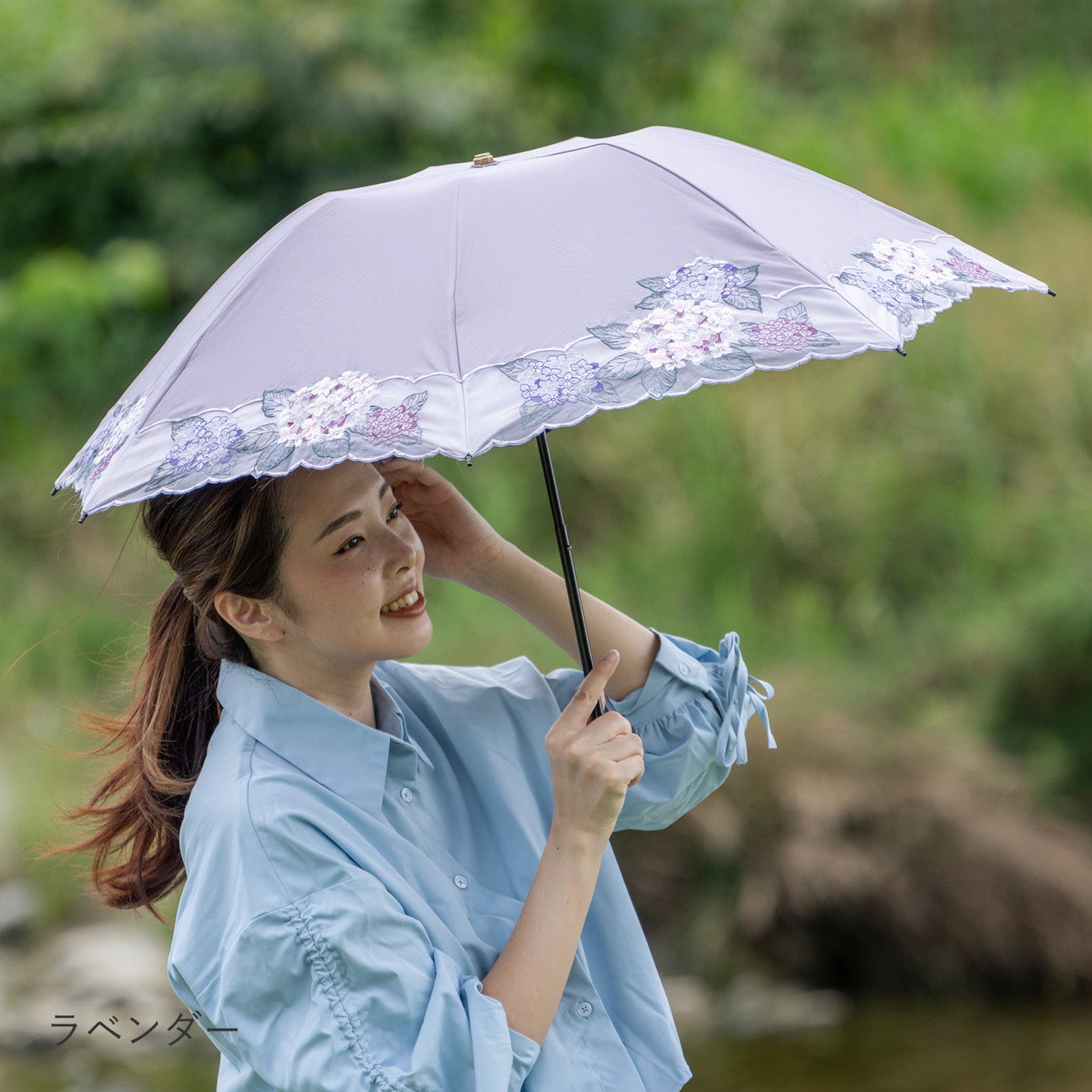 紫陽花オーガンジーカットワーク刺繍晴雨兼用 ミニ折りたたみ日傘