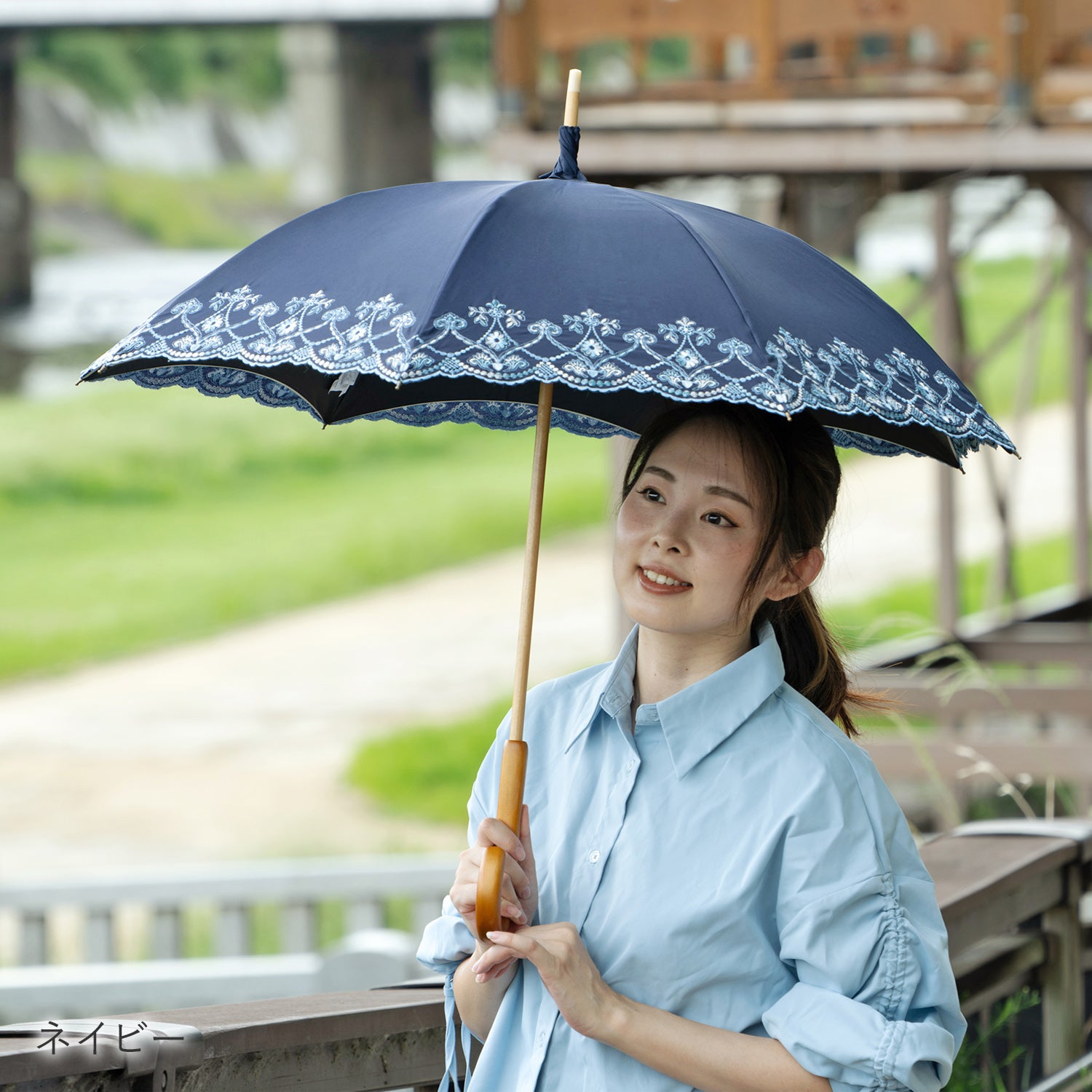 マーブル刺繍かわず張り 晴雨兼用長日傘