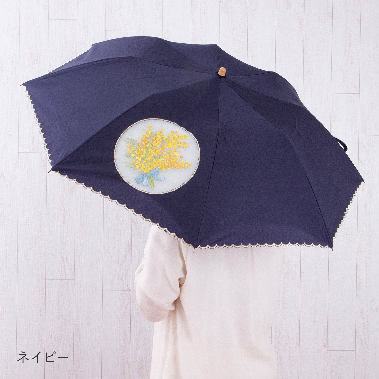 ミモザオーガンジーカットワーク刺繍かわず張り晴雨兼用ショート折りたたみ日傘