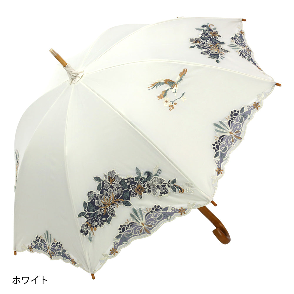 花鳥オーガンジーカットワーク 刺繍かわず張り晴雨兼用 長日傘
