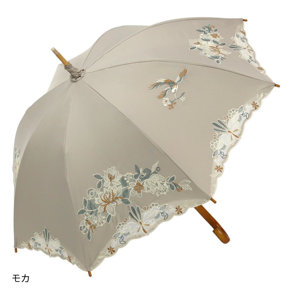 花鳥オーガンジーカットワーク 刺繍かわず張り晴雨兼用 長日傘