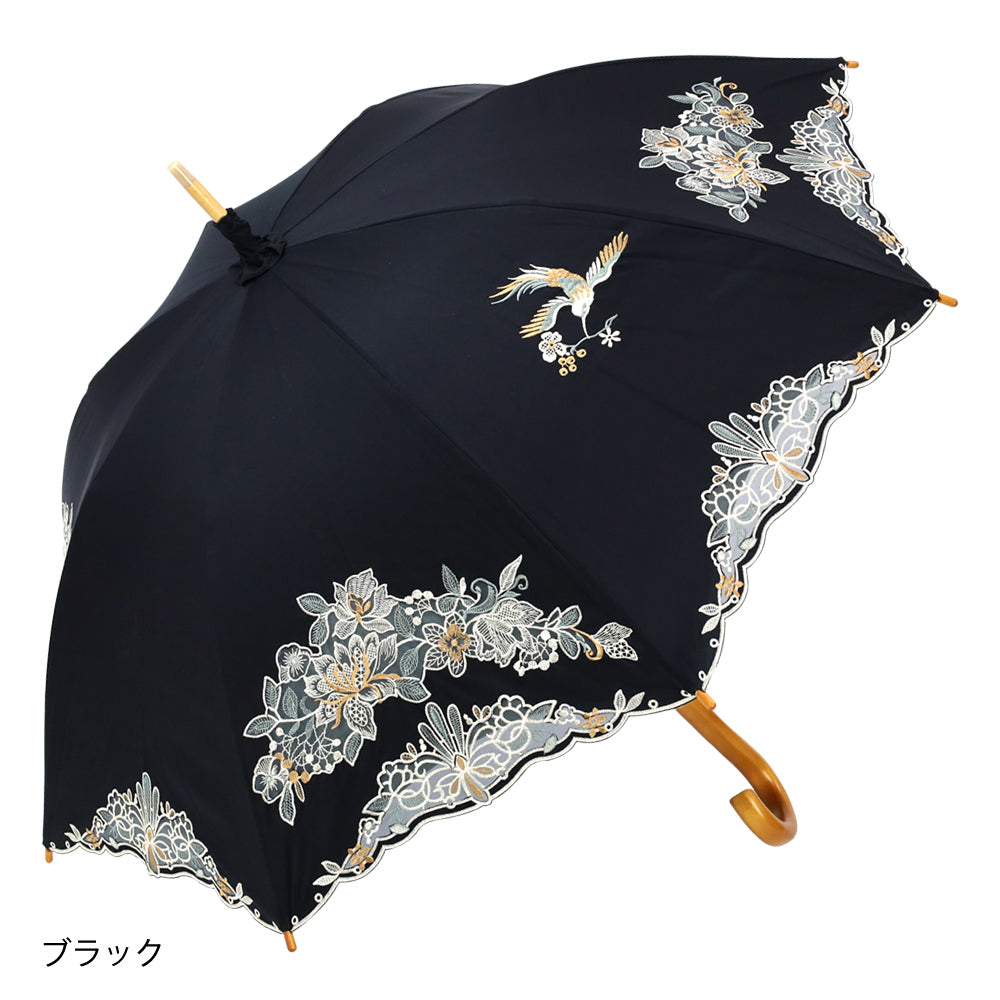 花鳥オーガンジーカットワーク 刺繍かわず張り晴雨兼用 長日傘