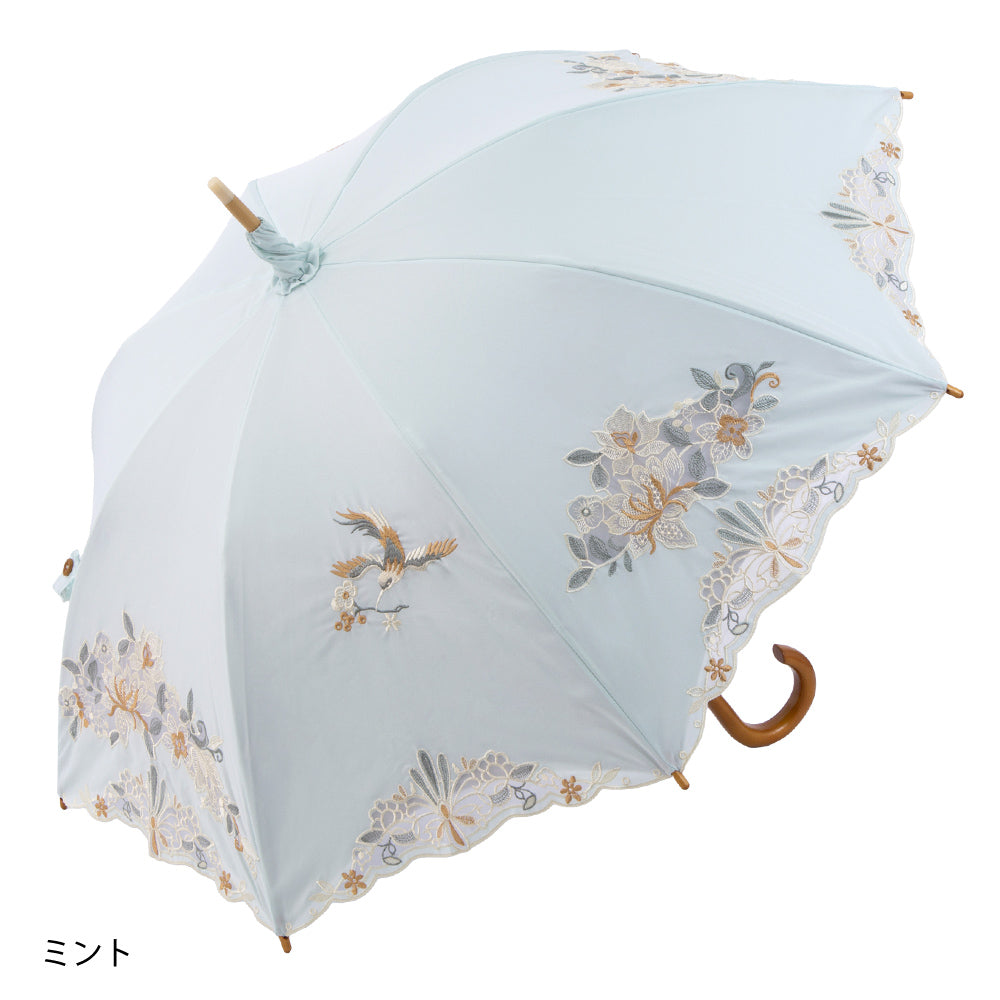 花鳥オーガンジーカットワーク 刺繍かわず張り晴雨兼用 長日傘