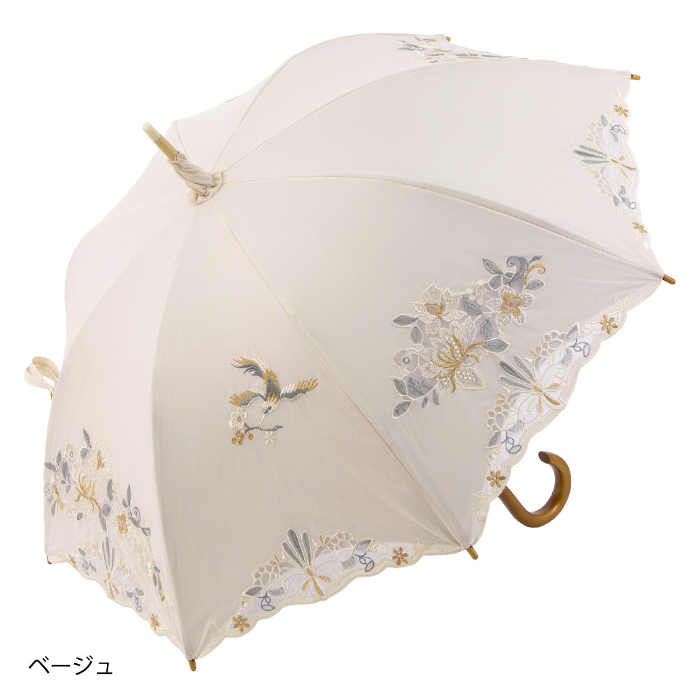 花鳥オーガンジーカットワーク 刺繍かわず張り晴雨兼用 長日傘