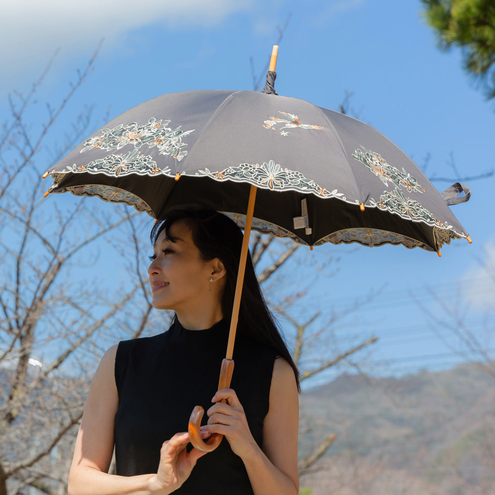 花鳥オーガンジーカットワーク 刺繍かわず張り晴雨兼用 長日傘