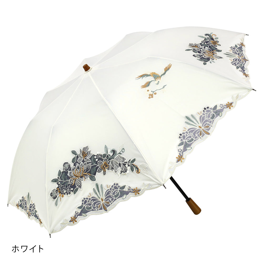 花鳥オーガンジーカットワーク 刺繍かわず張り晴雨兼用 ショート折日傘