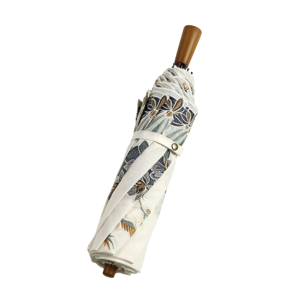 花鳥オーガンジーカットワーク 刺繍かわず張り晴雨兼用 ショート折日傘