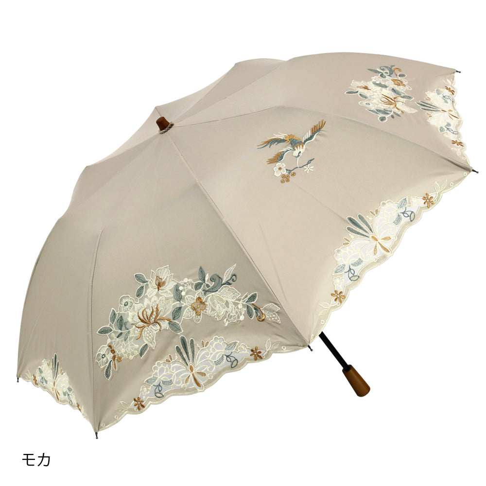 花鳥オーガンジーカットワーク 刺繍かわず張り晴雨兼用 ショート折日傘