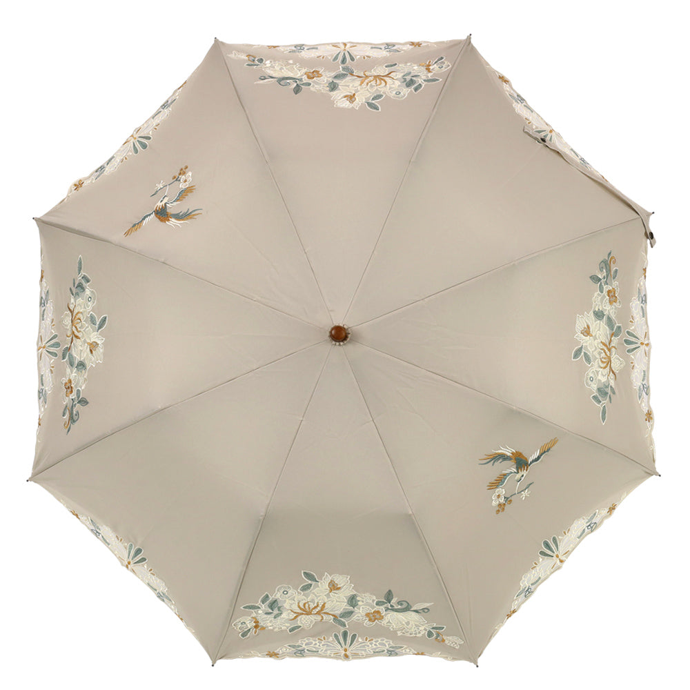 花鳥オーガンジーカットワーク 刺繍かわず張り晴雨兼用 ショート折日傘