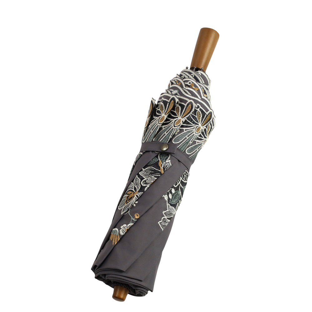 花鳥オーガンジーカットワーク 刺繍かわず張り晴雨兼用 ショート折日傘