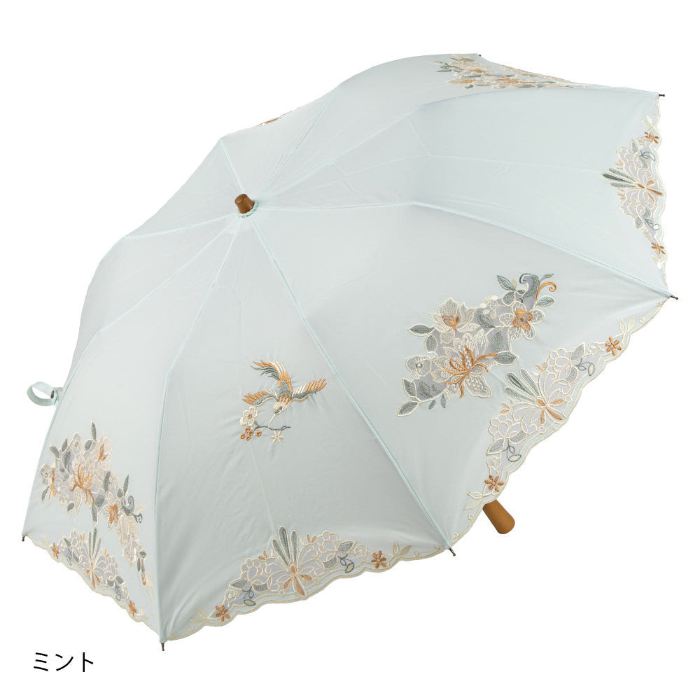 花鳥オーガンジーカットワーク 刺繍かわず張り晴雨兼用 ショート折日傘