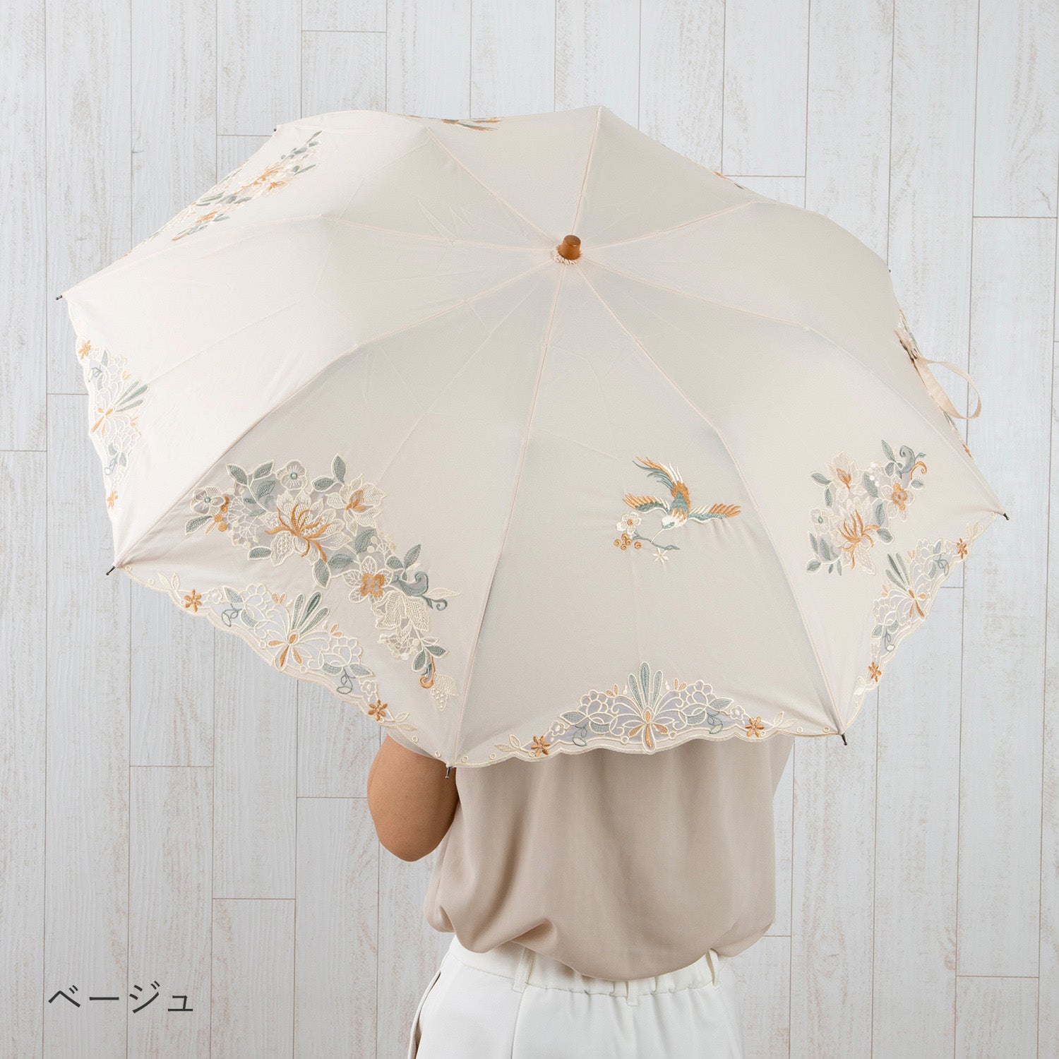 花鳥オーガンジーカットワーク 刺繍かわず張り晴雨兼用 ショート折日傘
