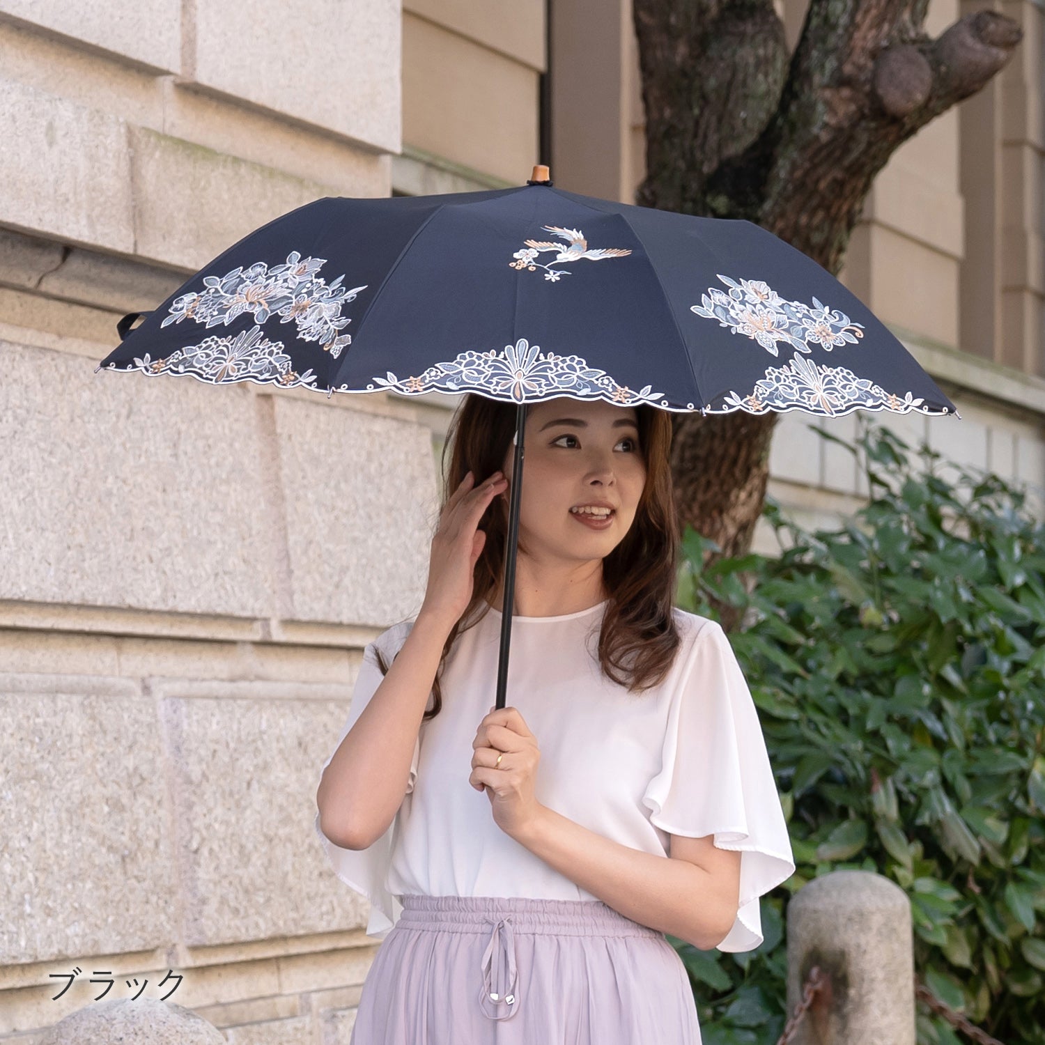 花鳥オーガンジーカットワーク 刺繍かわず張り晴雨兼用 ショート折日傘