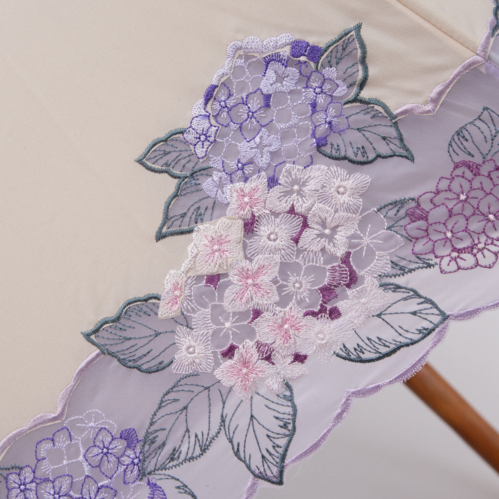 紫陽花オーガンジー カットワーク刺繍かわず張り 晴雨兼用長日傘